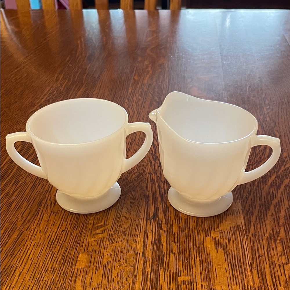 Vintage White Fire King Oven Ware sugar bowl and small pitcher set